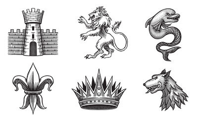 Heraldic tower, lion and wolf with crown, dolphin for coat of arms design and shield. Hand drawn engraving in old traditional medieval style, modern made element for family symbols and logo templates © artbalitskiy