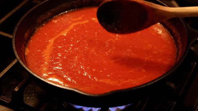 Tomato Sauce Simmering in Pan &ndash; Culinary Cooking Process
