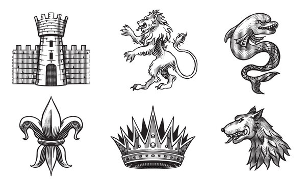 Heraldic tower, lion and wolf with crown, dolphin for coat of arms design and shield. Hand drawn engraving in old traditional medieval style, modern made element for family symbols and logo templates