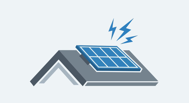 Solar Panel on Rooftop Generating Electricity with Lightning Bolts.
