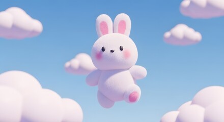 Obraz premium Playful white rabbit jumping through pink clouds. Fantasy sky and joyful animal movement. Fluffy bunny character leaping midair in a sunny blue sky with soft clouds.