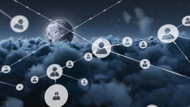 Animation of network of connections with people icons over moon and sky with clouds