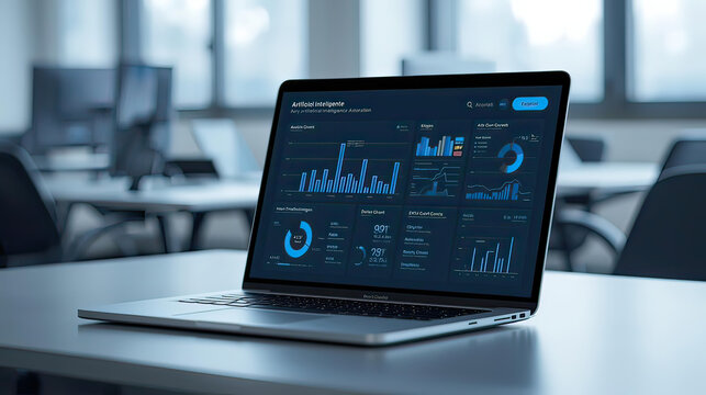 Laptop displaying business analytics dashboard on sleek desk in modern office