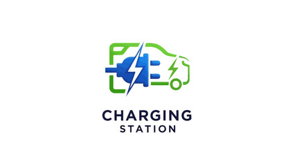Fototapeta premium Electric Car Charging Station Logo with Lightning Bolt on Isolated White Background