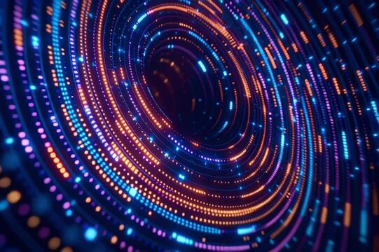 Blue and orange digital data particles swirling in a futuristic funnel shape, representing information flow, big data processing, network communication, or a science fiction wormhole concept