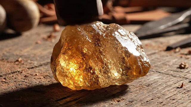 Raw Citrine Gemstone on Weathered Wooden Table