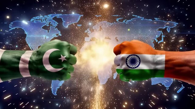 Pakistan fist and India fist confront each other with Earth shining in background