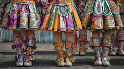 Fototapeta premium Festival Abare, Traditional Dancers Wearing Colorful Embroidered Skirts Performing at Abare Festival Parade