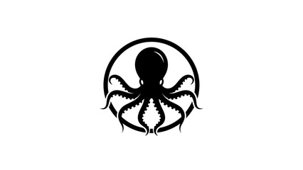 Stylized Black Octopus Sea Creature Silhouette, Isolated White Background