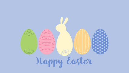 Happy Easter. Colorful easter background card with eggs and rabbit. Vector illustration great for Easter designs