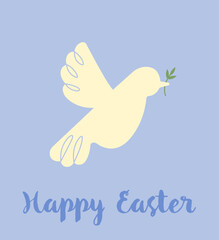 Happy Easter. Greeting card design with flying dove and a small olive branch. Vector illustration