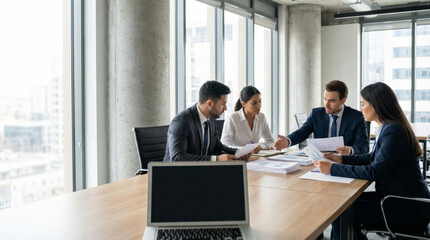Obraz premium Multiracial office colleagues reviewing financial documents and charts on a meeting table with a laptop, corporate analysis and teamwork in a modern workspace.