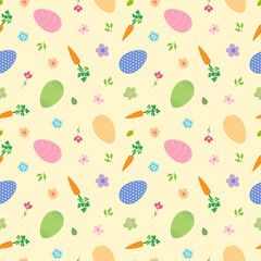 Cute seamless easter pattern with cartoon carrots, eggs and little flowers on a yellow background, perfect for kids' textile designs
