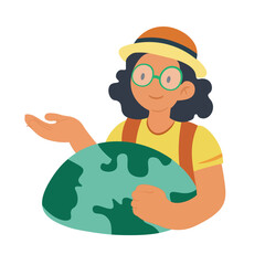 Earth Girl Tourist Illustration Holding Globe Happy Woman Travel Discovery