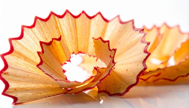 Abstract Spiral Pencil Shaving with Vibrant Red Edge on White Background