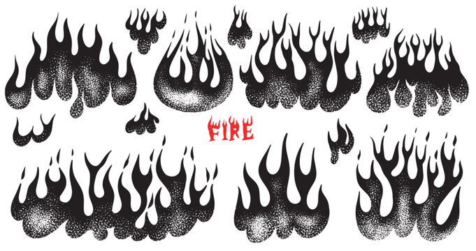 Set of silhouette flame and fire in vintage style. Hand drawn engraved monochrome bonfire sketch. Vector illustration for posters, banners and logo