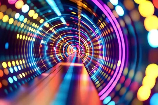 Abstract animation traveling through a futuristic neon tunnel with colorful glowing lights, creating a seamless loop perfect for vj performances, music events, and sci fi visual presentations