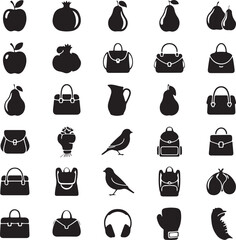Collection of black silhouette of fruits bags birds and boxing glove on white background apple pomegranate