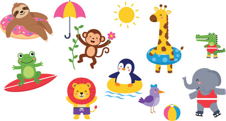 Naklejka premium Cute Summer Animals Collection with Sloth Monkey Giraffe Lion Penguin and Elephant Flat Vector Illustration Set