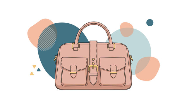 Elegant pink leather handbag features two front pockets and gold buckles set against a background of abstract colored shapes.