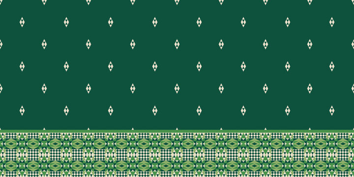 Elegant Flat Geometric Pattern in Deep Green and Light Green Border Textile