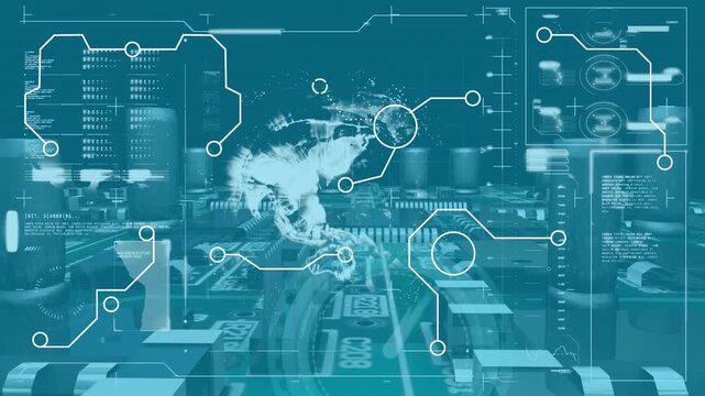 Animation of interface with data processing over spinning globe against close up of a circuit board