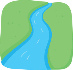 Fototapeta premium Cartoon illustration of a winding river flowing through green fields in summer season