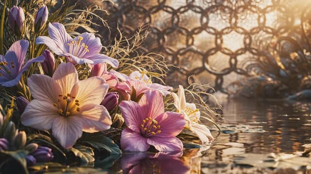 A lush tapestry of interconnected swirling pattern florals along a tranquil water edge