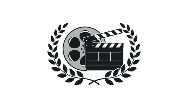 Movie reel and clapperboard symbols framed by a black laurel wreath representing cinema awards and festivals on white background.