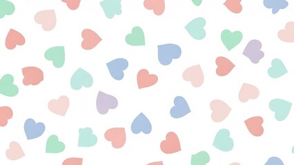 Colorful hearts scattered randomly across a white background viewed from directly above