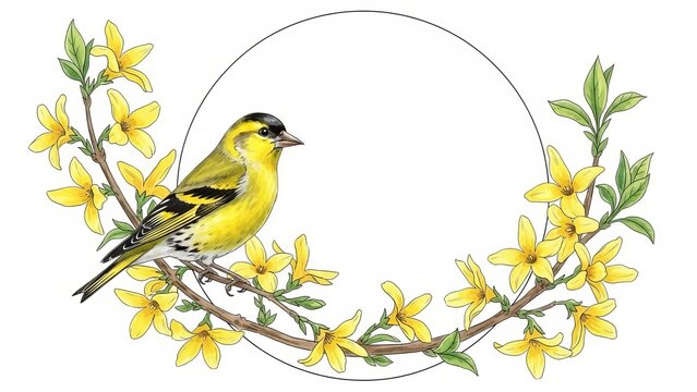 A vibrant yellow finch perched on a blooming forsythia branch surrounded by flowers in a circular frame