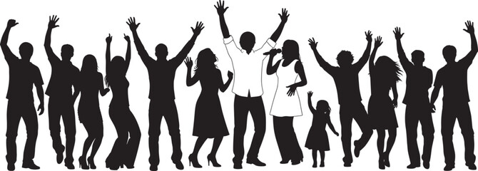 Black silhouette illustrations of people celebrating, dancing, cheering, and singing with microphone, including adults and children, symbolizing joy, community, social events, and festive gatherings.