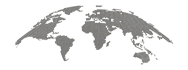 World map stylized halftone grayscale curved continents illustration representing globe projection international geography global connection vector © Ayat 03