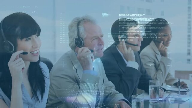 Animation of data processing over team of diverse customer care executives talking on phone headset