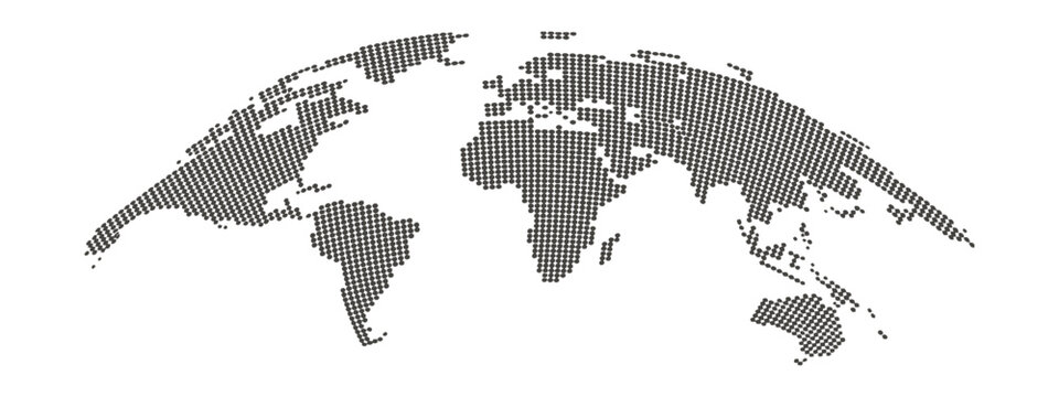 World map stylized halftone grayscale curved continents illustration representing globe projection international geography global connection vector