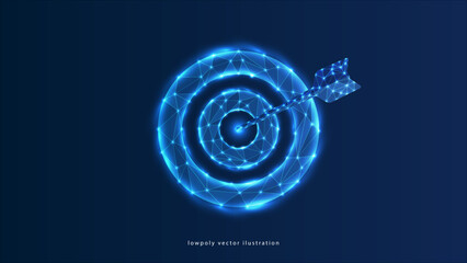 Digital precision: Arrow strikes bullseye on low poly target achieving futuristic business goal metaphor.  © Khizar