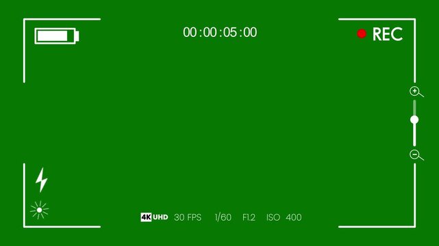 4K Camera viewfinder, Dslr camera frame viewfinder, camera streaming recorder, footage. video camera recorder screen overlay, rec text camera recording icon blink animation on green screen