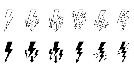 Ten diverse lightning bolt icons, depicted in various downward-pointing styles, representing power and energy.