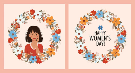 Fototapeta premium Happy International Women's Day Floral Wreath Illustration with Smiling Woman Portrait - Celebration, Empowerment, Diversity
