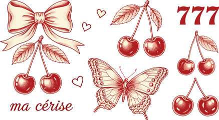Vintage cherry illustration set. Red engraved bow, butterfly and sweet cherries. Romantic retro fruit design with hearts and typography isolated on white background. © ALFINI