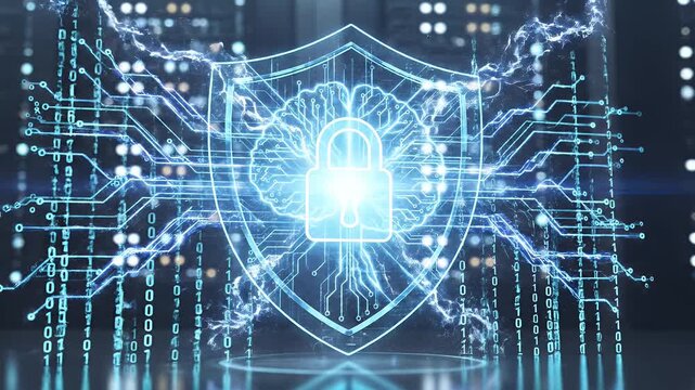 Digital shield with brain and lock symbol on binary code background