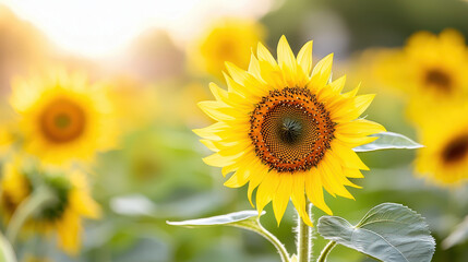 Obraz premium Vibrant sunflower stands tall in field, showcasing its bright yellow petals and intricate center, radiating warmth and beauty