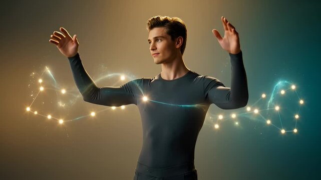 Young Man Interacting With Futuristic Interface, Creative Visualization, Glowing Lights