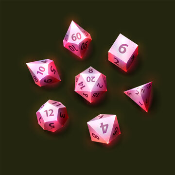 Glowing red polyhedral dice set on dark background