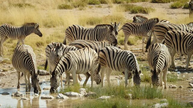 Close-up view of group of Zebras with a cute young foal drinking on river. Wild mammal animals of South Africa concept. Safari tourism. Wildlife of Tanzania. Migrating animals. Serengeti national park
