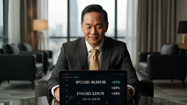 Asian Businessman Analyzing Cryptocurrency Data on Tablet Computer