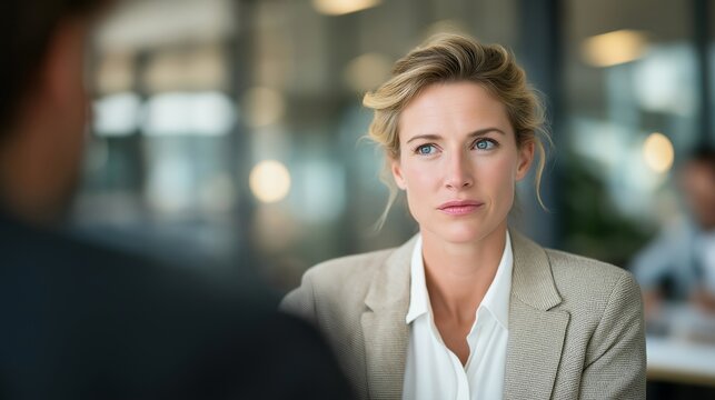 Job interview concept with nervous candidate sitting across from panel of interviewers in a modern office, ideal for career development, employment challenge, professional milestone, job market,