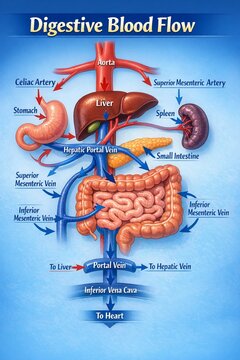 Digestive System Blood Flow Diagram with Liver, Hepatic Portal Vein, Aorta and Mesenteric Arteries &ndash; Detailed Gastrointestinal Circulation Medical Illustration