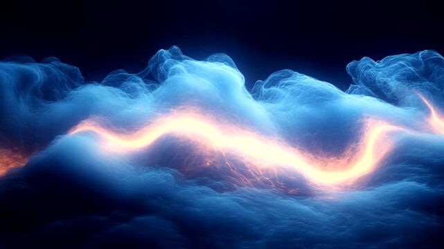 Ethereal blue and orange glowing waves undulating in a dark background