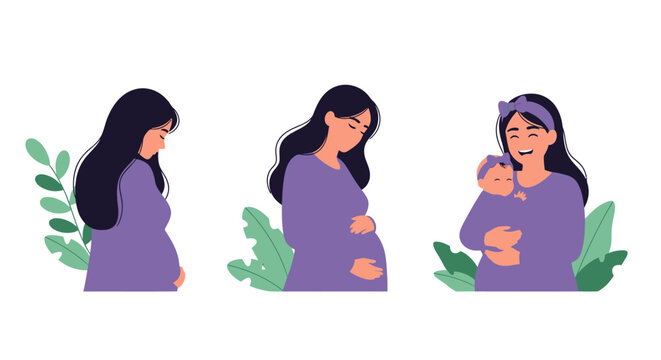Motherhood Journey Illustration: Pregnant Woman Stages, From Expectation to Joyfully Holding Her Newborn Baby